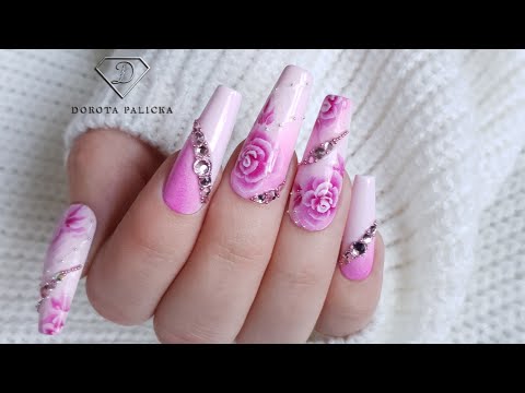 Pink roses nails. Painting one stroke roses with acrylic paints. Floral nail art.