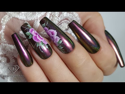 Chameleon chrome nails with one stroke acrylic paints flowers. Floral nail art