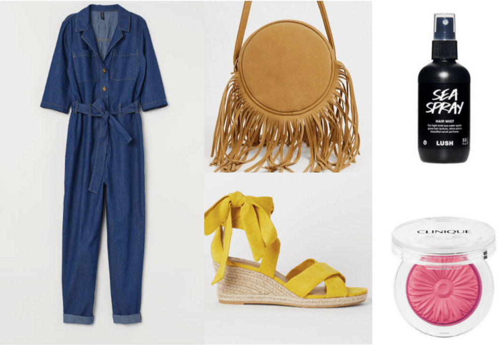 70s fashion outfit with denim jumpsuit, wedges, salt spray, fringe bag