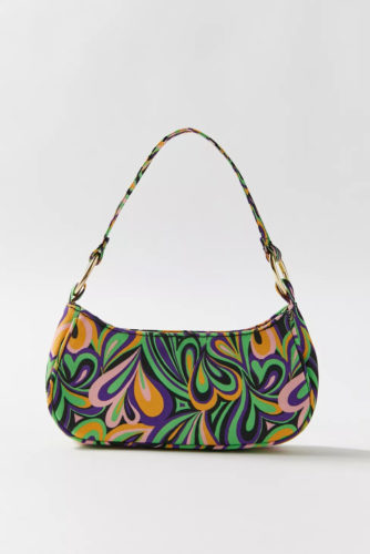 70s style clothing: printed baguette bag in retro tie dye