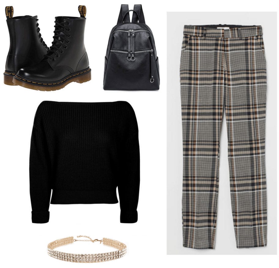 '90s fashion - outfit with plaid pants, off shoulder sweater, docs, choker