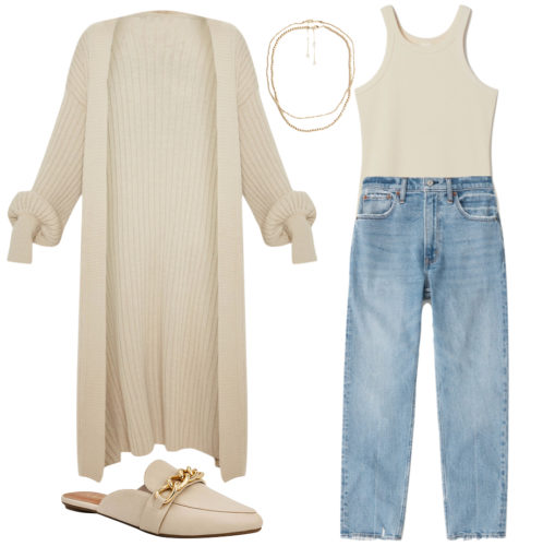 Casual outfit with jeans: Mom jeans, bodysuit, longline cardigan, slip-on mules, necklaces