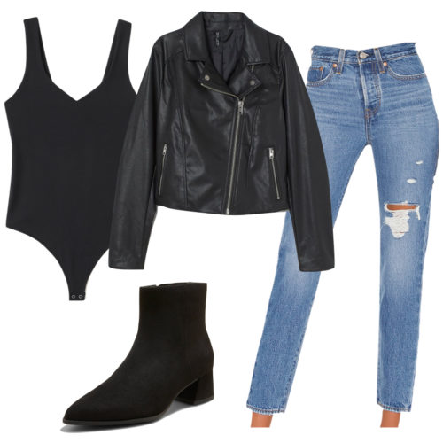 Casual Nighttime Outfit with jeans, black bodysuit, ankle boots, black leather jacket