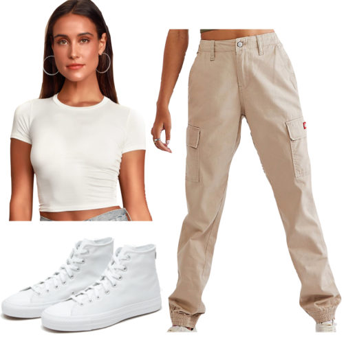 Casual outfit with a t-shirt: Cropped t-shirt, wide leg pants, sneakers