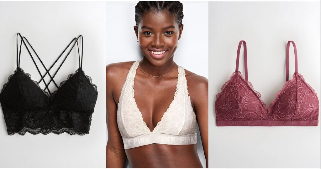 College party clothes: A black bralette, white bralette, and red bralette