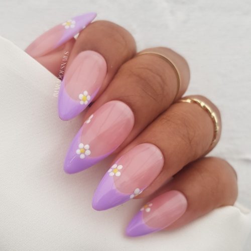 Nude nails with lilac purple french manicure and white and yellow daisy dot nail art, flower nail design, french tips, nail designs