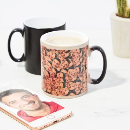 Photo of a mug with photos of a man's face all over it