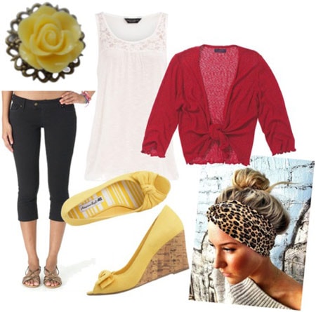 Retro pin-up inspired outfit 2: Red cardigan, black capris, tunic tank, leopard headband wrap, yellow wedges