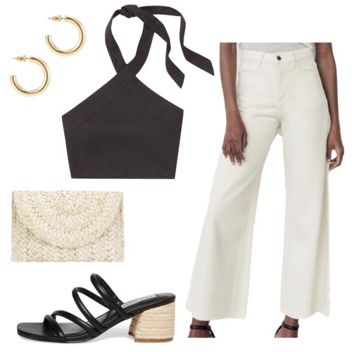 Summer Wide Leg Jeans Outfit with white wide leg jeans, halter top in black, strappy heels, woven clutch, gold earrings