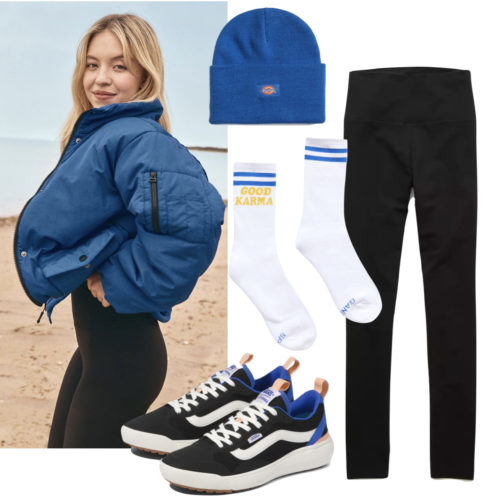 Vans Leggings Outfit with black leggings, blue beanie hat, crew socks, Vans sneakers and a blue active bomber jacket