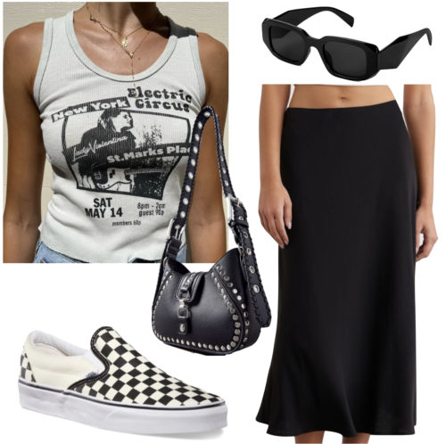 Vans Skirt Outfit: graphic print tank top, black satin midi skirt, trendy sunglasses, black studded bag and black and white checkerboard slip on Vans sneakers