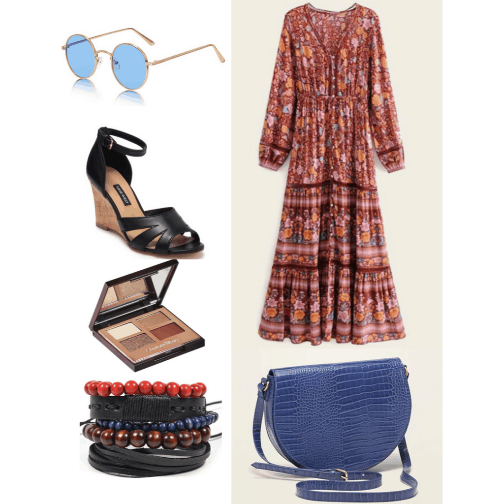 '70s fashion: Outfit with printed maxi dress, wedges, snakeskin bag, layered bracelets, eyeshadow