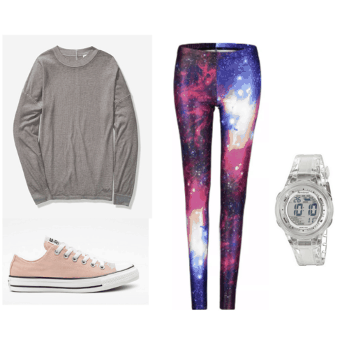 80s fashion - outfit with galaxy leggings, converse, jelly watch, oversized long sleeve shirt