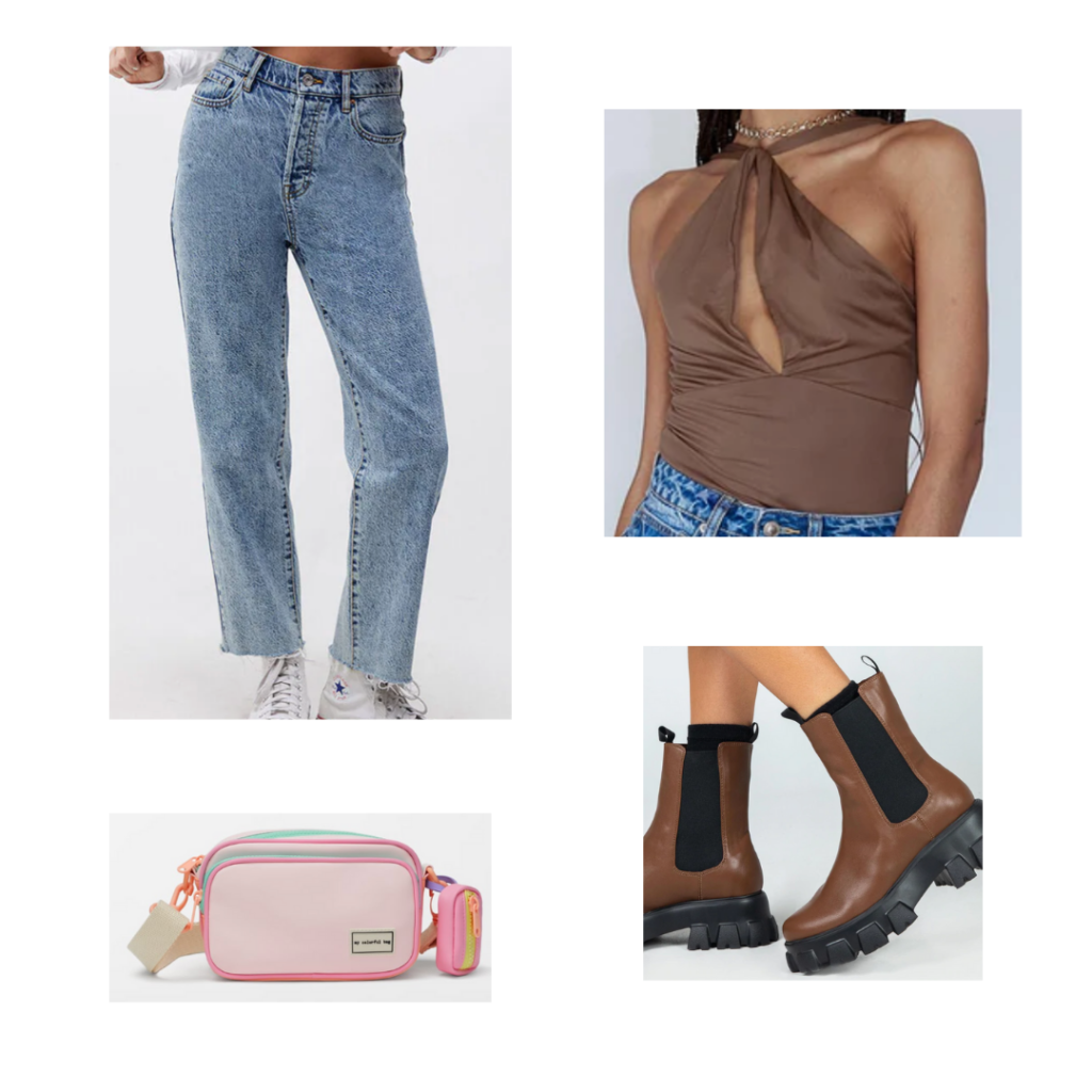 High waisted acid wash jeans outfit with mini purse, chunky boots, and keyhole tank