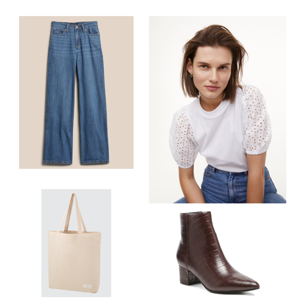 flannel and boots outfit - A white eyelet sleeve top, denim wide leg jeans, cream tote bag and dark brown ankle boots.