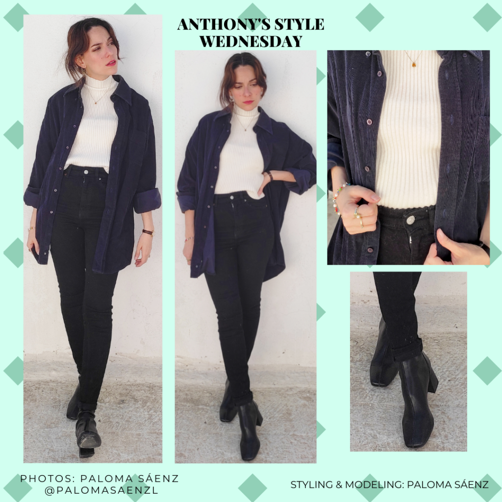 Outfit inspired by Anthony Bridgerton in season 2 of the show with black high-waisted jeans, black ankle booties, cream turtleneck, and oversized navy blue shirt