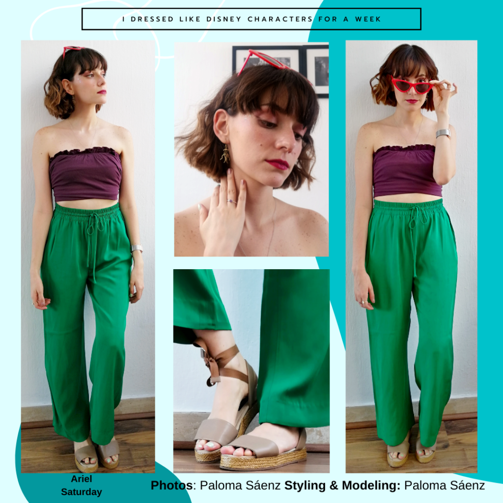 Disney character Ariel inspired outfit, purple tube top, high-waisted green flowy pants, taupe and brown sandals, red cat eye sunglasses