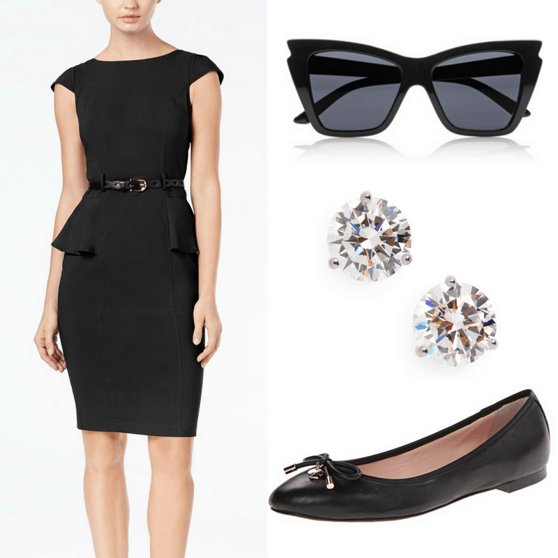 Audrey Hepburn style: Outfit inspired by Audrey Hepburn with little black dress, oversized sunglasses, faux diamond studs, and black ballet flats