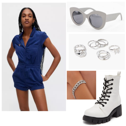 Cute outfit for college game day: Denim romper, white boots, silver jewelry, sunglasses