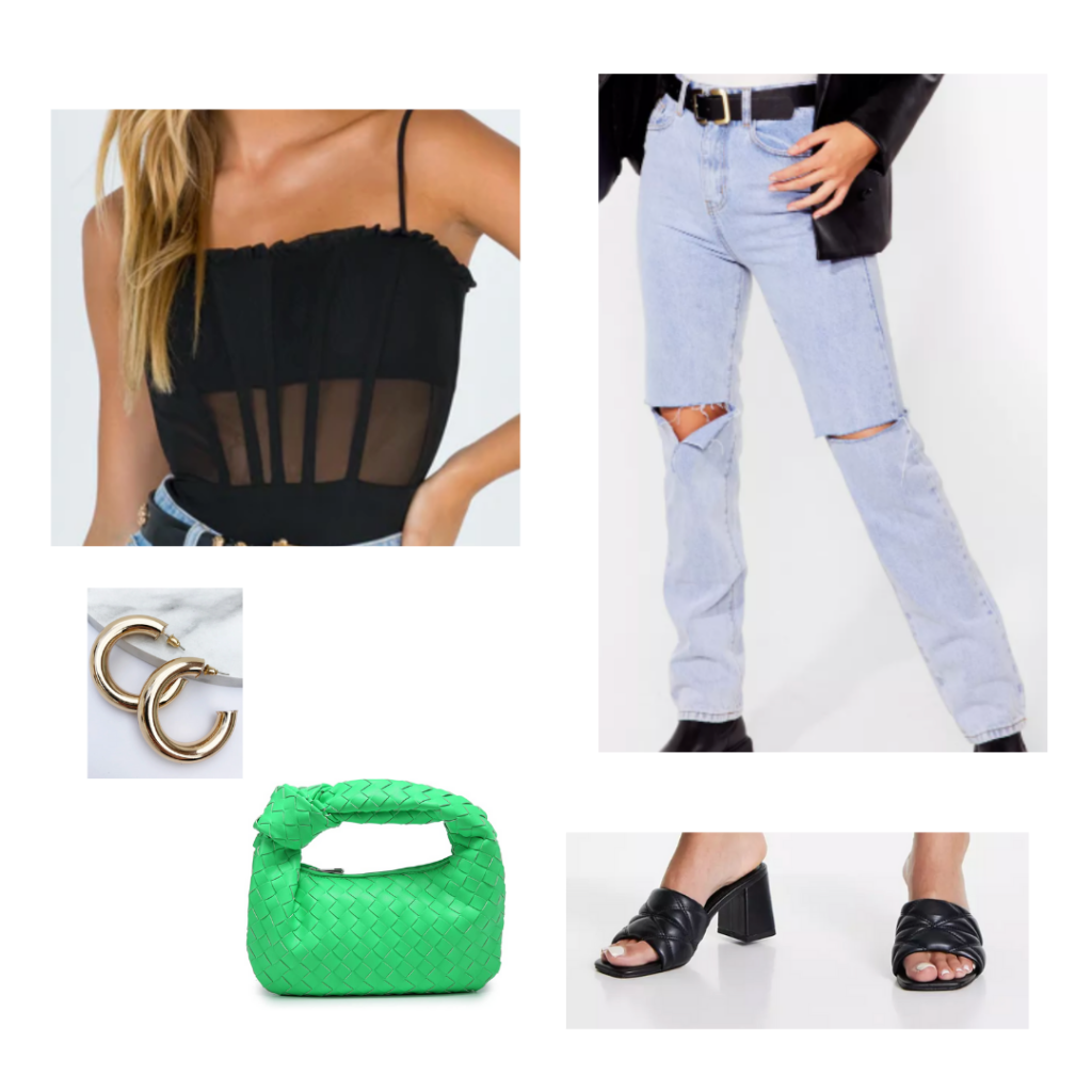 High waisted boyfriend jeans outfit with corset top, mini green woven bag, gold hoops, black mules