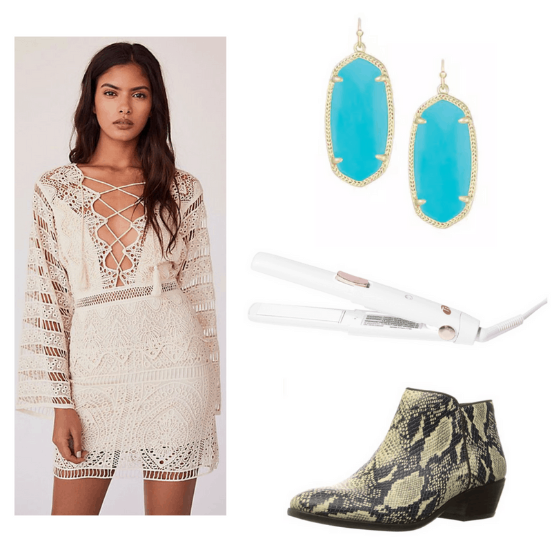 Cher style: Outfit inspired by Cher in the 1970s with lace batwing dress, snakeskin boots, turquoise earrings, and flat iron