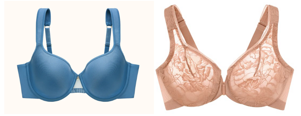 A teal bra and a nude lace bra.