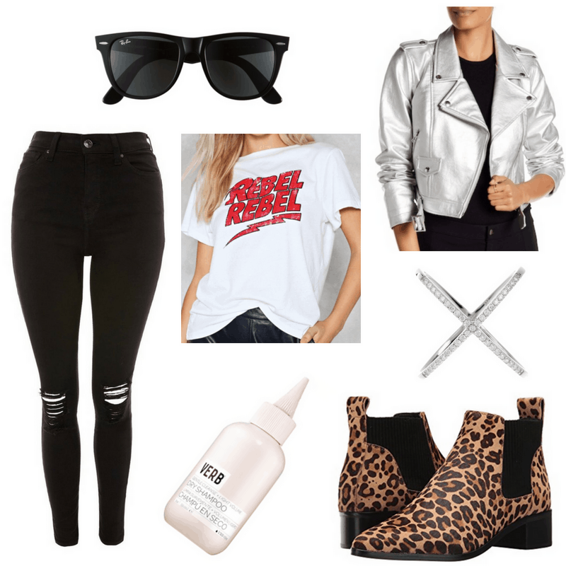 Debbie Harry style: Outfit inspired by Debbie Harry with ripped skinny jeans, leopard print chelsea boots, dry shampoo, Rebel Rebel graphic tee, metallic moto jacket, Wayfarer sunglasses