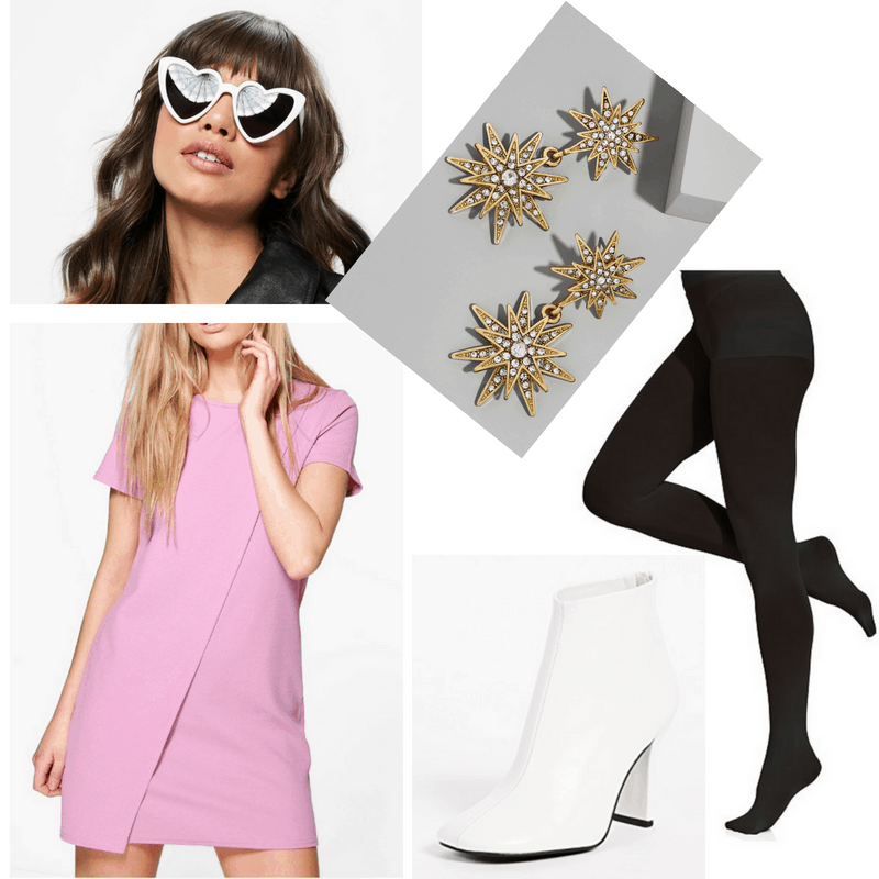 Edie Sedgwick style: Outfit inspired by Edie Sedgwick with statement earrings, white heart shaped sunglasses, black opaque tights, pink shift dress, white ankle boots