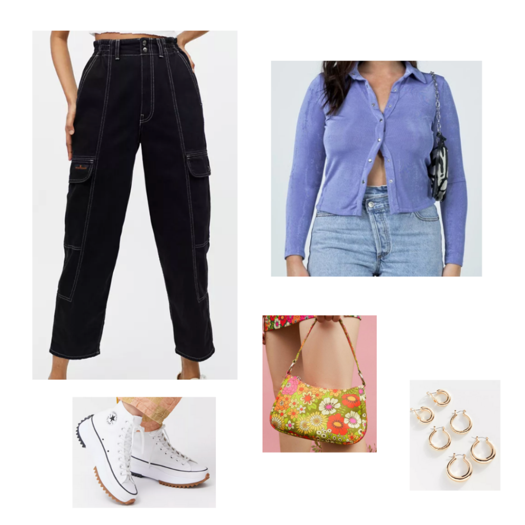 Cute outfit with utility jeans - black utility jeans with pockets, button-front polo top in purple, chunky platform converse in white, green and orange floral mini purse, hoop earrings in gold