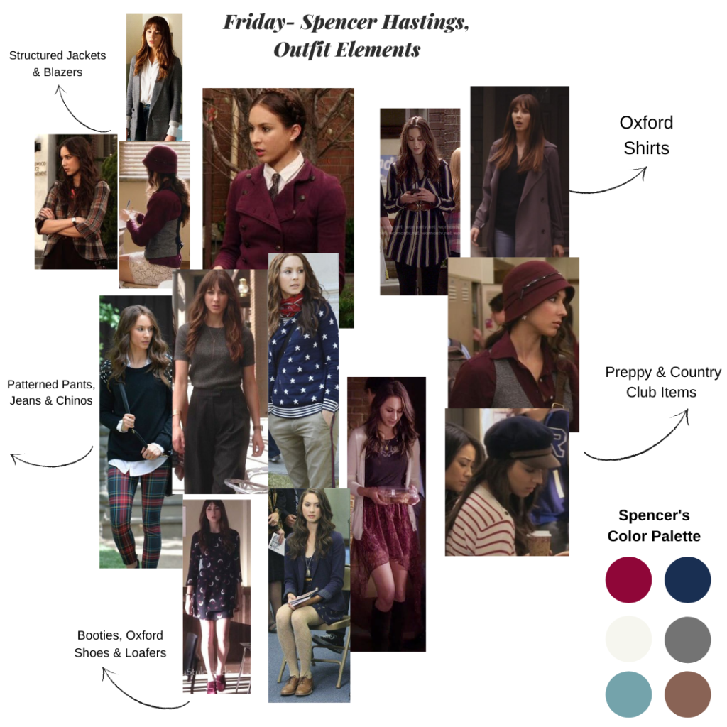 Spencer Hastings outfit collage with sections for her structured blazers and jackets, oxford shirts, preppy accessories, patterned pants, jeans, and chinos, oxford shoes and loafers, and spencer's color palette