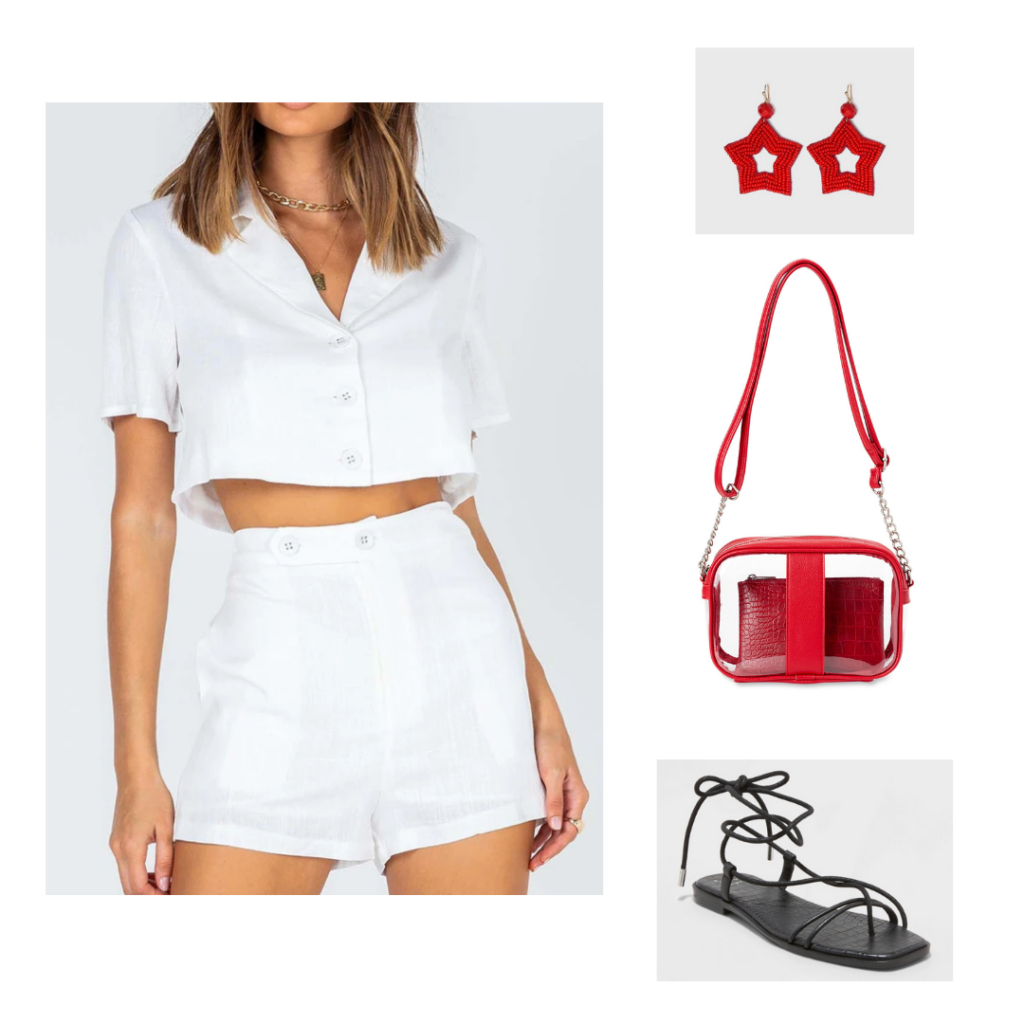 Game Day Outfit 3: white button up crop top and high-waisted shorts set, red star earrings, red clear purse, black lace up flat sandals