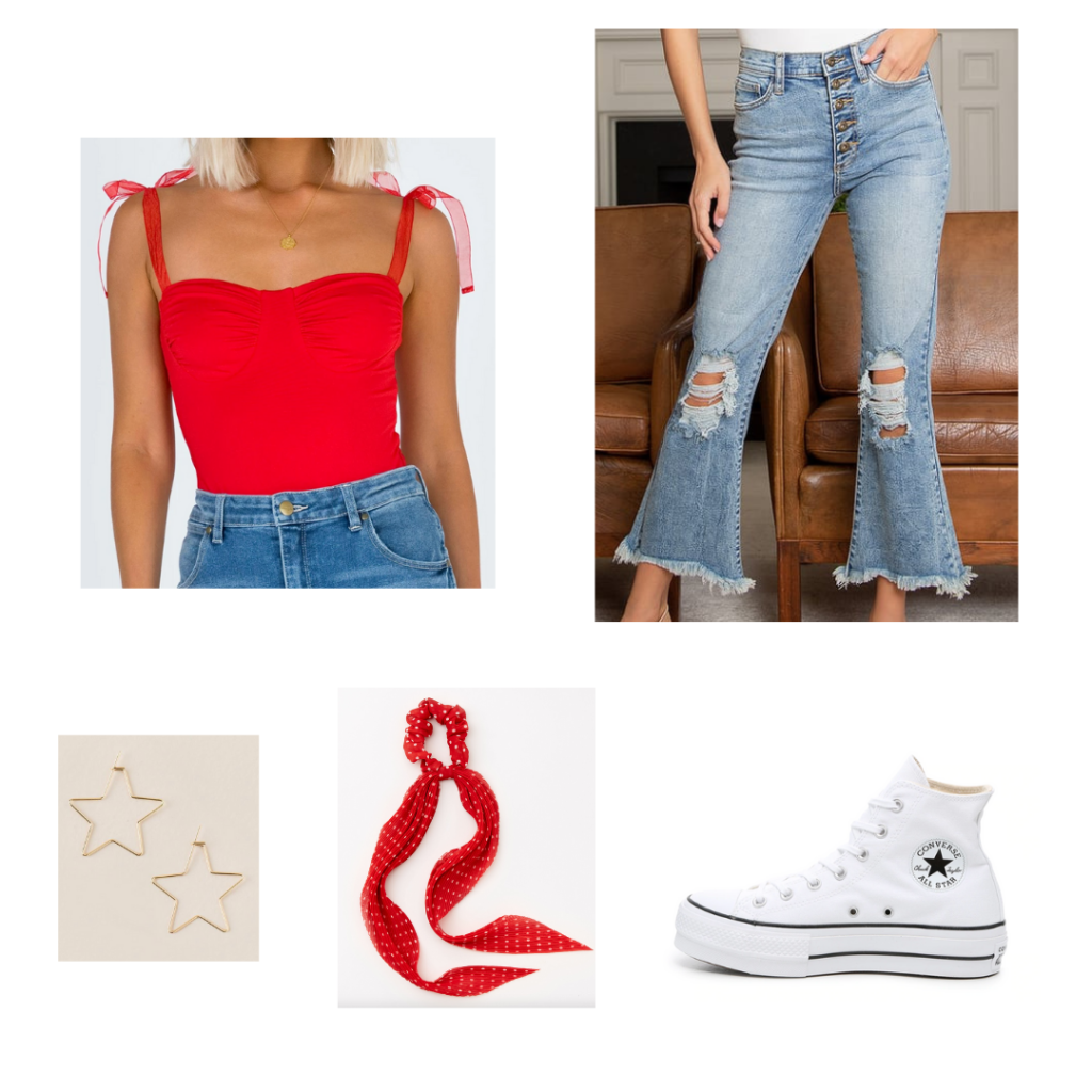 Sample Outfit 4: red sweetheart neckline bodysuit, distressed cropped flare jeans, white converse, red scrunchie scarf, star earrings