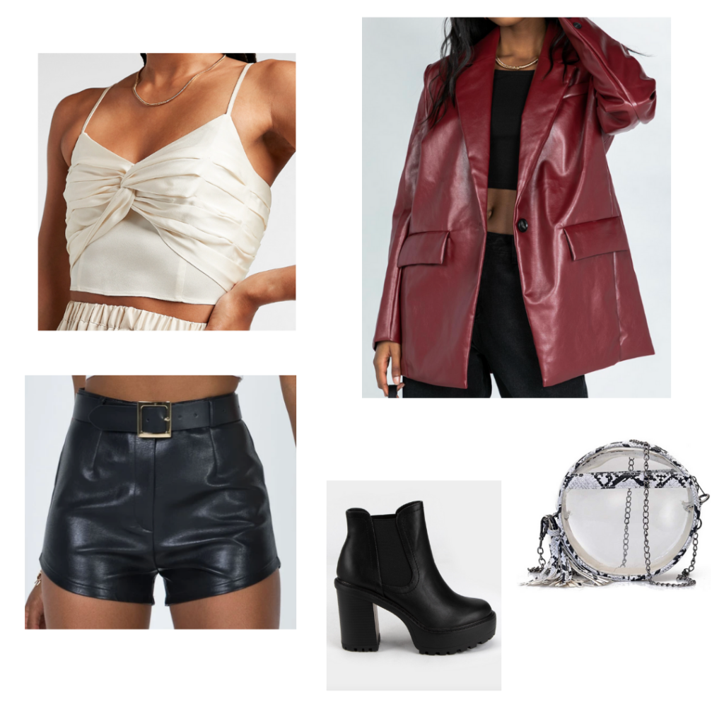 Game Day Outfit 5: white crop top cami, black leather shorts, maroon oversized pvc trench coat, chunky black booties