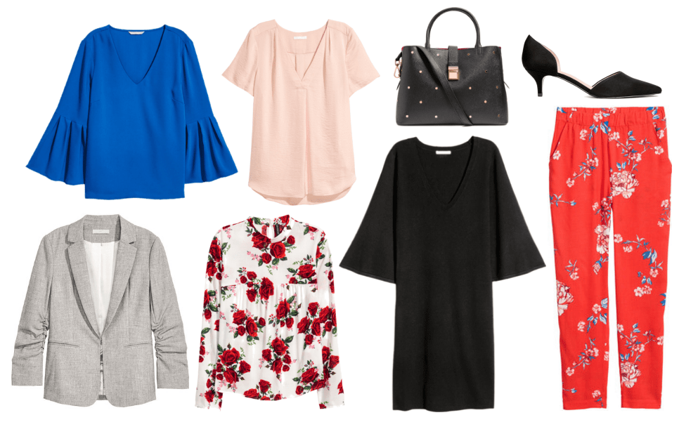 Workwear from H&M: Best stores for business casual clothes on a budget including blue bell sleeve top, blush pink button-down shirt, gray blazer, floral blouse, black bell sleeve top, red floral print trousers, black studded satchel bag, low heel d'orsay heels