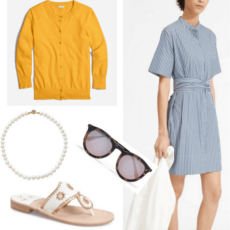 Jackie O style: Outfit inspired by Jackie Kennedy with striped blue shirtdress, yellow cardigan, pearl necklace, Jack Rogers sandals, and oversized tortoiseshell sunglasses