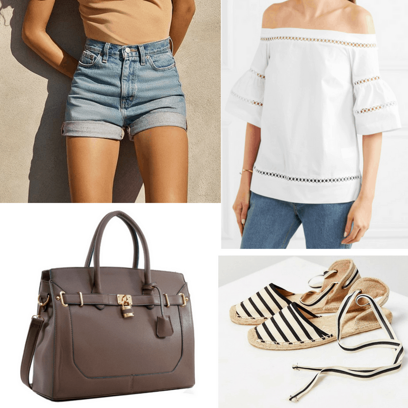 Jane Birkin style: Outfit inspired by Jane Birkin with high waisted shorts, off-shoulder top, striped espadrilles, faux Birkin bag