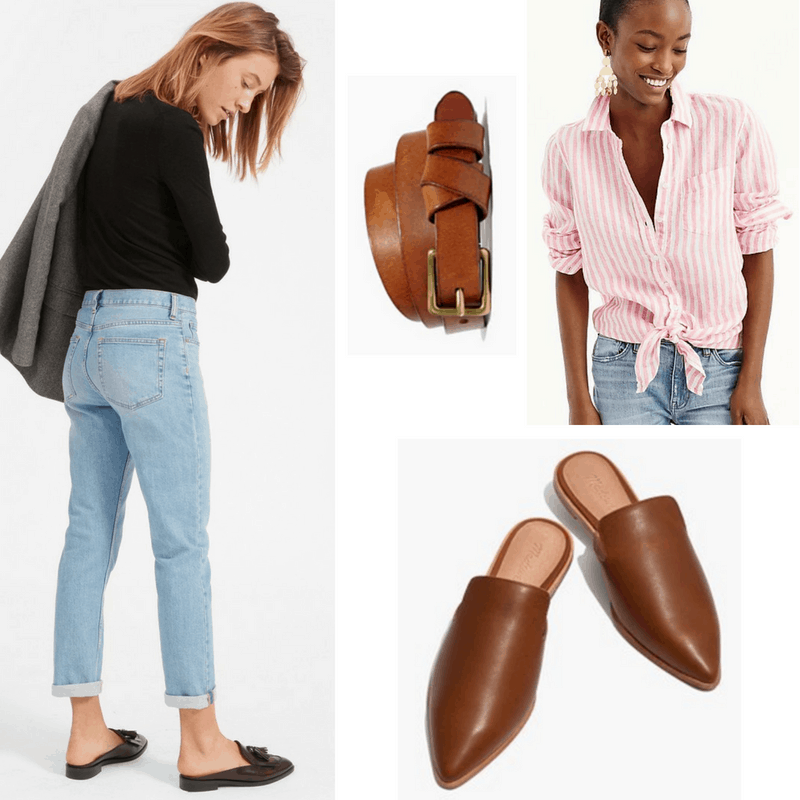 Katharine Hepburn style: Outfit inspired by Katharine Hepburn with boyfriend jeans, tie-front menswear top, slip-on oxfords, belt