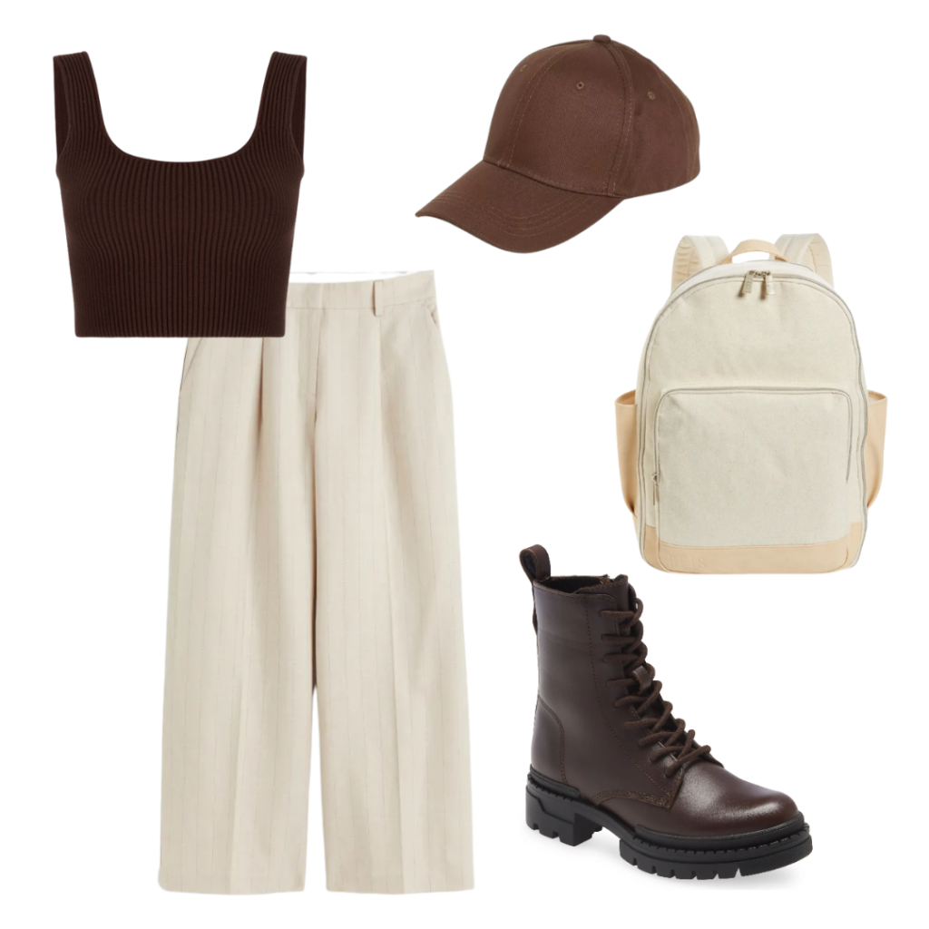 Wide leg pants, combat boots, black crop top, brown baseball cap, canvas backpack