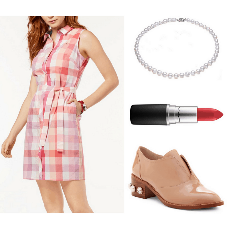 Lucille Ball style: Outfit inspired by Lucille Ball with plaid shirtdress, oxford heels, red lipstick, and pearl necklace