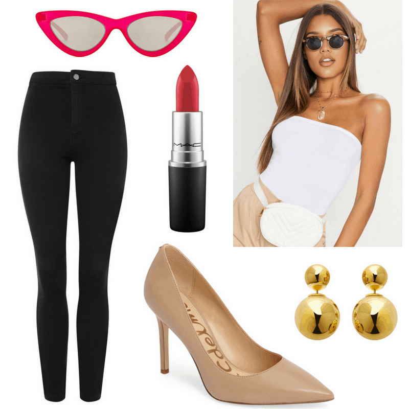 Marilyn Monroe style: Outfit inspired by Marilyn Monroe with strapless bodysuit, high-waisted jeans, nude pumps, red cat-eye sunglasses, red lipstick, gold earrings