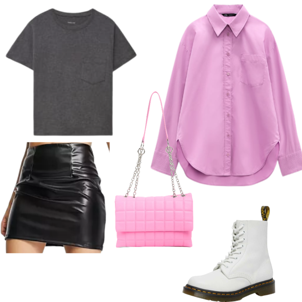 How to style white combat boots with a faux leather mini skirt, oversized pink button-down shirt, oversized gray t-shirt, pink chain strap purse