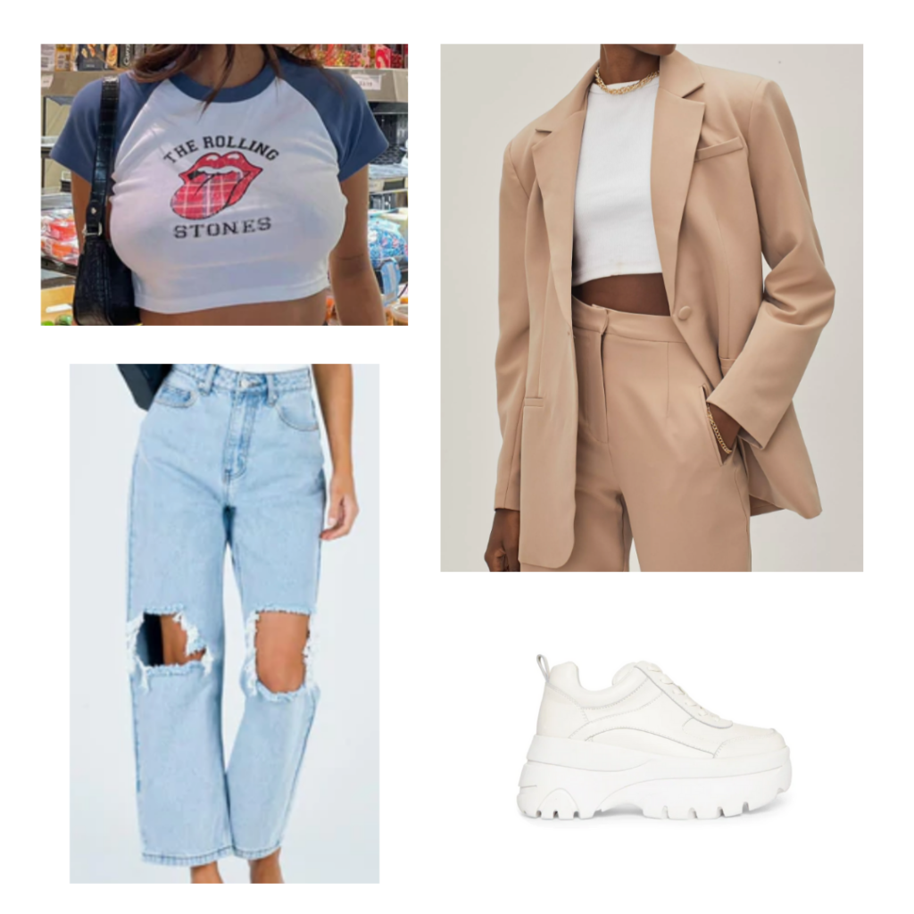 High waisted mom jeans outfit idea with destroyed high waisted mom jeans, cropped band tee, oversized camel blazer, and chunky dad sneakers