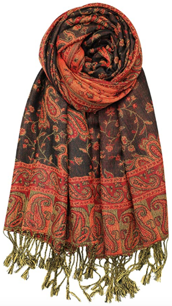 boho outfit ideas - Orange and brown pashmina scarf