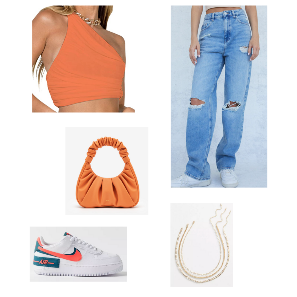 Summer 2021 Color Trend: Tangerine outfit set - orange one shoulder crop top, high-waisted distressed boyfriend jeans, orange and blue nike air force 1s, orange puffy handbag, layered gold necklaces