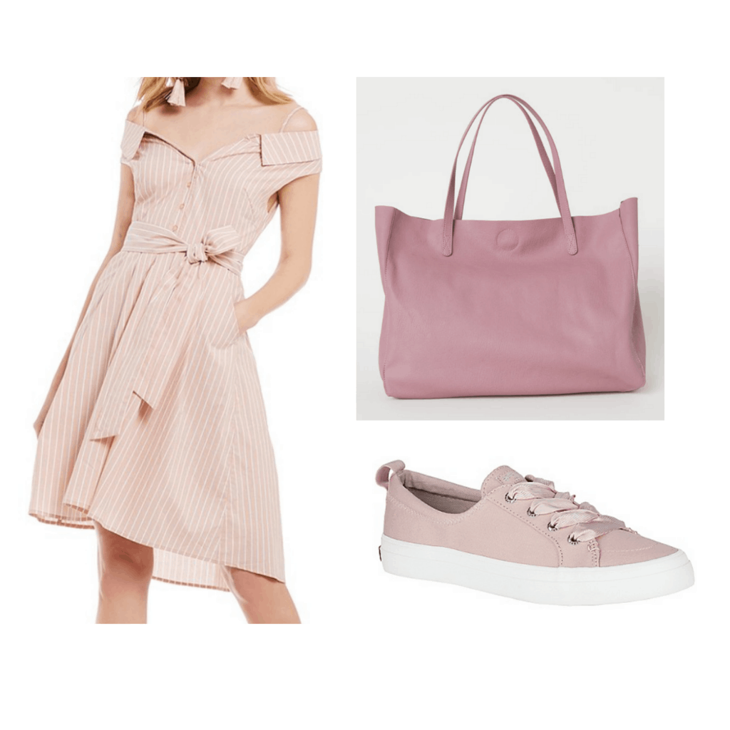 pink stripe off the shoulder dress, pink handbag, and pink sneakers