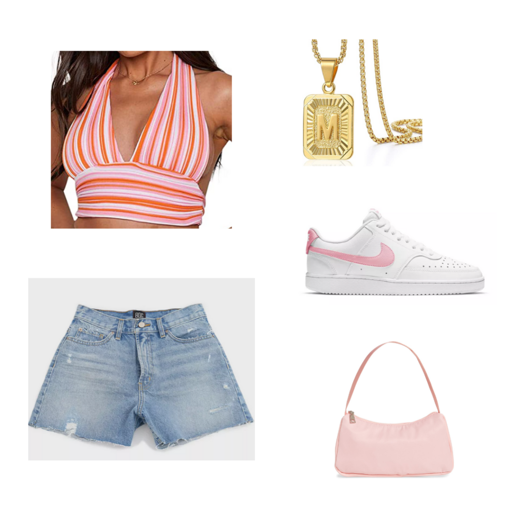 Summer 2021 Color Trends: flamingo pink outfit set - orange and pink striped halter bikini top, distressed denim shorts, white and pink nike sneakers, pink purse