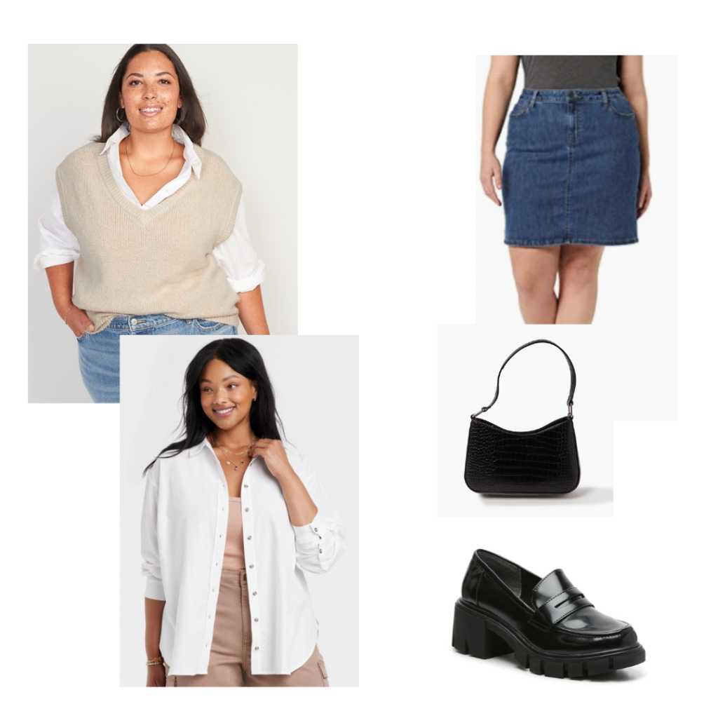 A beige sweater vest, white button up shirt, denim skirt, black croc shoulder bag and black heeled loafers.