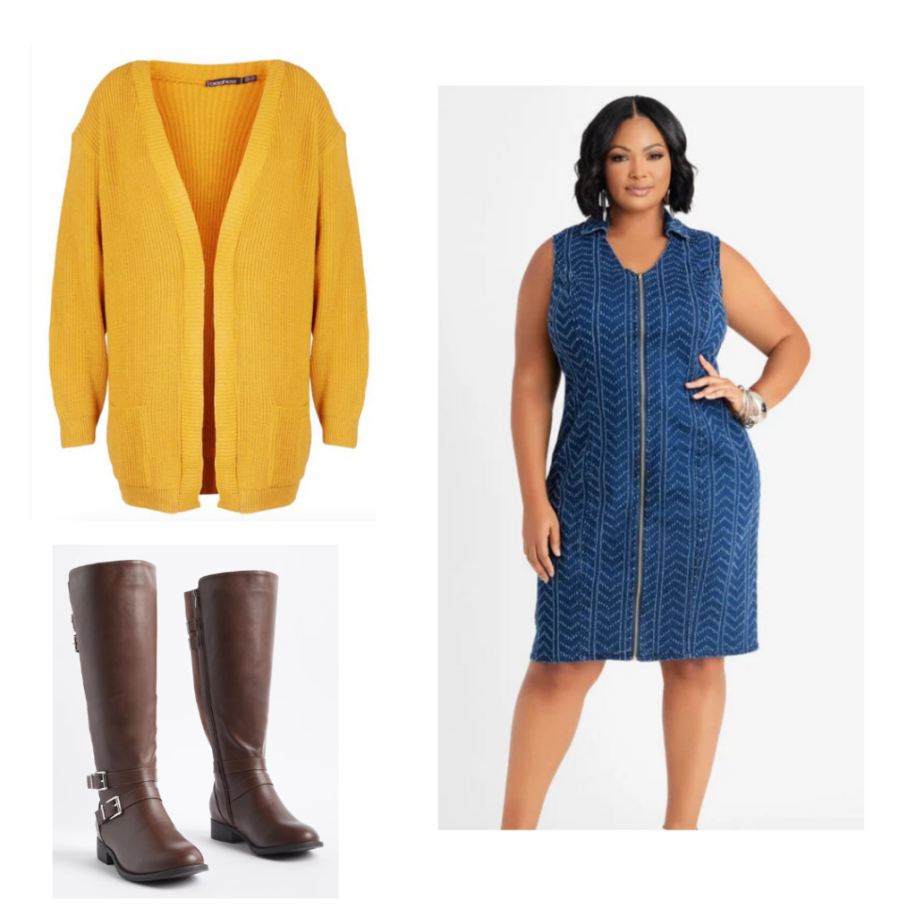 A patterned sleeveless bodycon denim dress, a yellow knit cardgian and brown knee high boots.