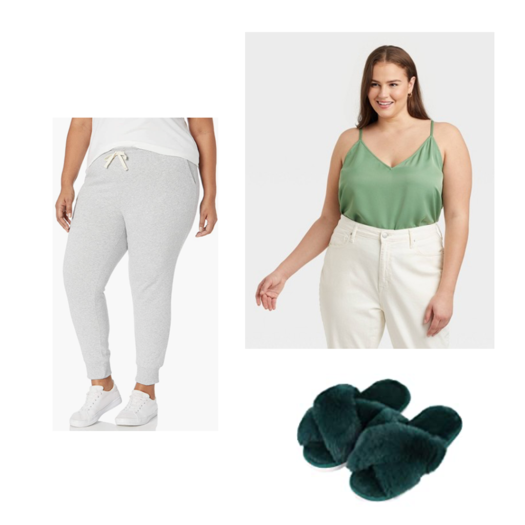 A light green cami, light grey sweatpants and dark green fuzzy criss cross slippers.