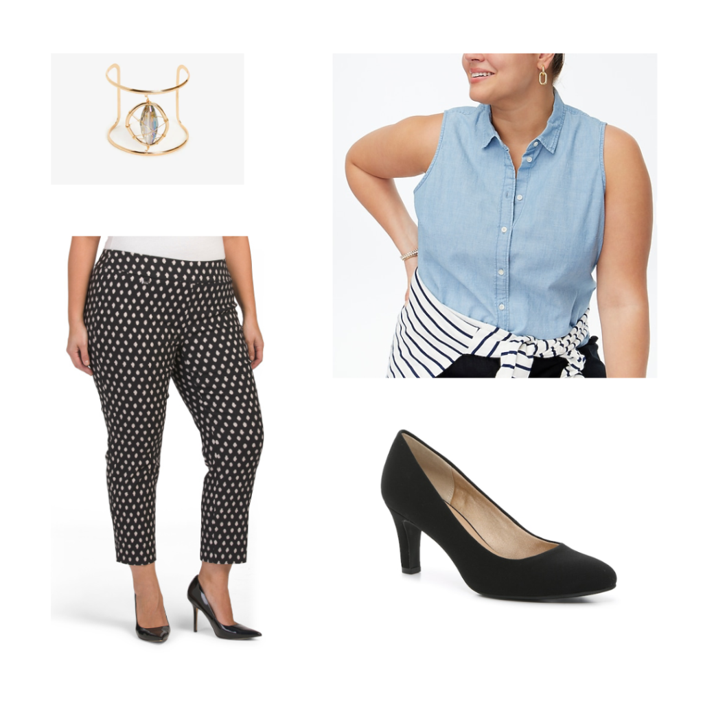 A chambray sleeveless top, gold cuff bracelet, black patterned stretch pants, and black heels.